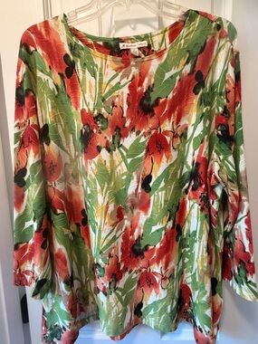 JM Collection Floral Long Sleeve Tee in Green, Orange & Red